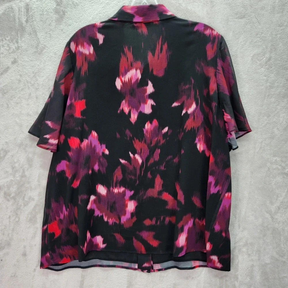 Calvin Klein Blouse Womens Plus 3X Black Floral Tie Neck Short Sleeve Top Career